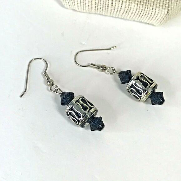 Vintage Necklace and Dangle Earrings Set Chunky Beaded Black and Silver-tone - Picture 2 of 4